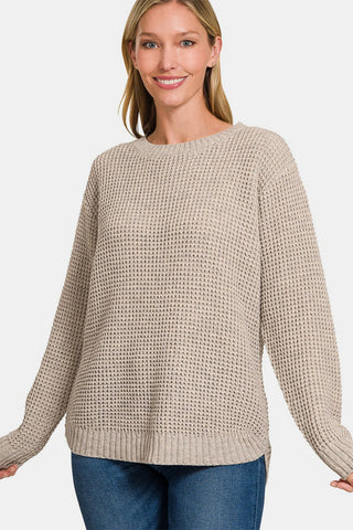 Zenana High Low Long Sleeve Waffle Sweater Trendsi