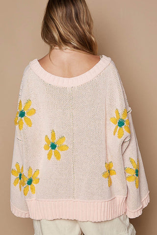 POL V-Neck Floral Pattern Chenille Sweater Trendsi