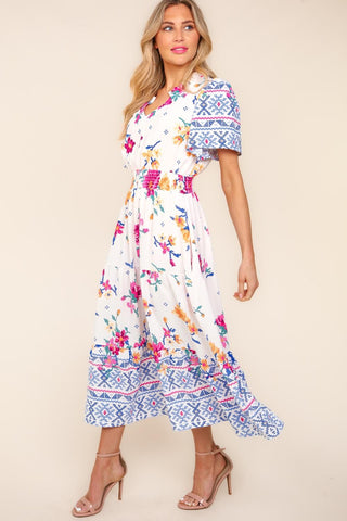 Haptics Printed Notched Short Sleeve Tiered Dress Trendsi