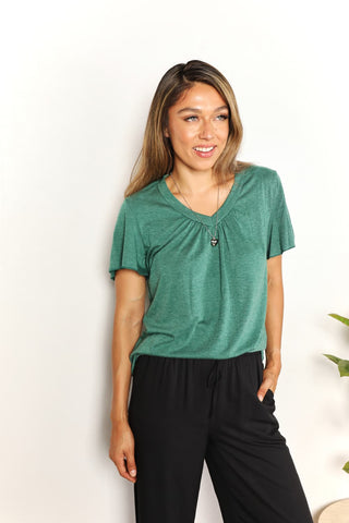 Double Take Ruched V-Neck Short Sleeve T-Shirt Trendsi