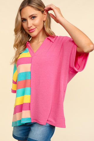 Haptics Exposed Seam Short Sleeve Half Striped T-Shirt Trendsi