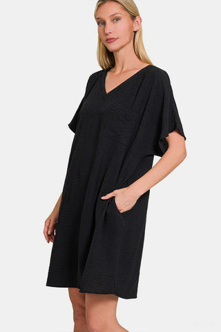 Zenana V-Neck Tee Dress with Pockets Trendsi