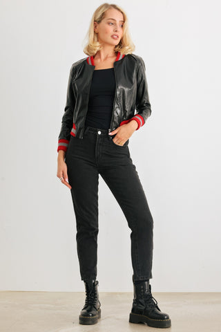 Comme PU Leather Baseball Collar Long Sleeve Jacket Trendsi