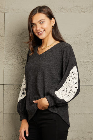 Sew In Love Full Size Lace Patch Detail Sweater Trendsi