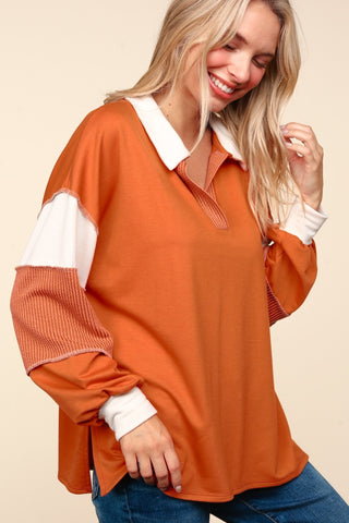 Haptics Color Block Exposed Seam Long Sleeve Top Trendsi