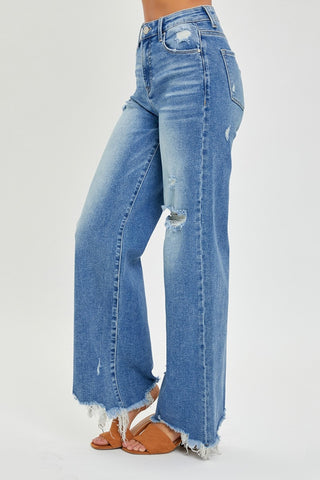 RISEN Full Size High Rise Frayed Hem Wide Leg Jeans Trendsi