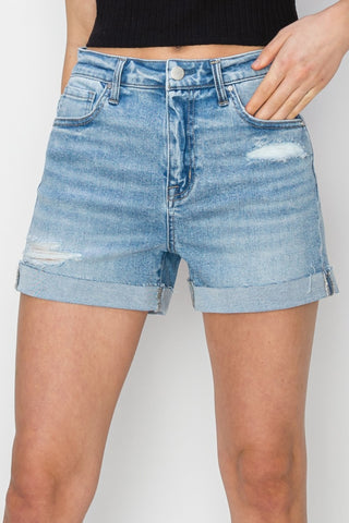 RISEN Distressed Mid-Rise Waist Denim Shorts Trendsi