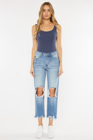 Kancan High Waist Chewed Up Straight Mom Jeans Trendsi