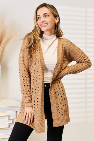 Woven Right Openwork Horizontal Ribbing Open Front Cardigan Trendsi