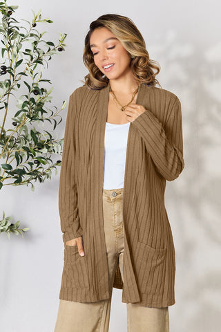 Basic Bae Full Size Ribbed Open Front Cardigan with Pockets Trendsi