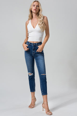 BAYEAS Full Size High Waist Distressed Washed Cropped Mom Jeans Trendsi