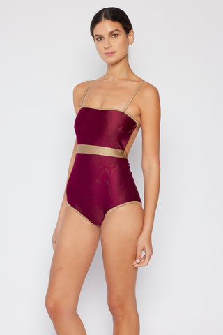 Marina West Swim Wave Break Contrast Trim One-Piece in Wine Trendsi