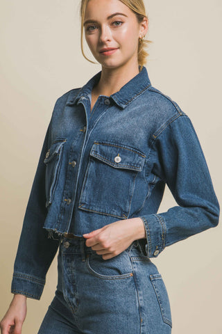 Love Tree Raw Hem Button Up Cropped Denim Jacket Trendsi