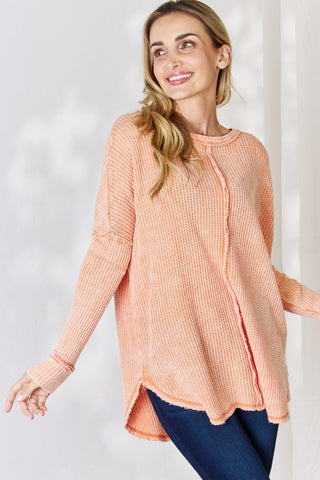 Zenana Oversized Washed Waffle Long Sleeve Top Trendsi