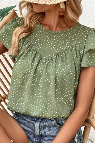 Perfee Printed Round Neck Puff Sleeve Blouse Trendsi