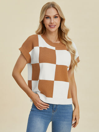 Double Take Full Size Checkered Round Neck Short Sleeve Sweater Trendsi