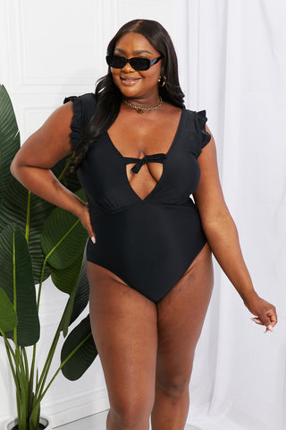 Marina West Swim Seashell Ruffle Sleeve One-Piece in Black Trendsi