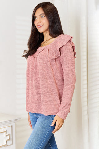 Double Take Square Neck Ruffle Shoulder Long Sleeve T-Shirt Trendsi