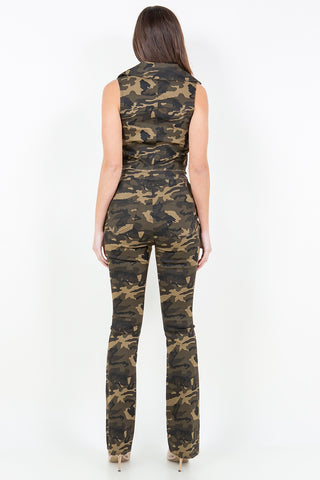 American Bazi V-Cut Ruched Camo Flare Pants Trendsi