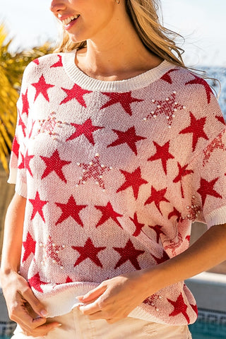 BiBi Star Pattern Round Neck Short Sleeve Knit Top Trendsi