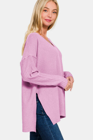 Zenana V-Neck Side Slit High-Low Sweater Trendsi