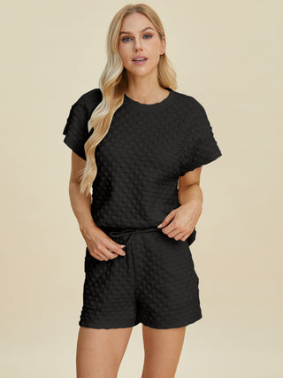 Double Take Full Size Texture T-Shirt and Shorts Set Trendsi