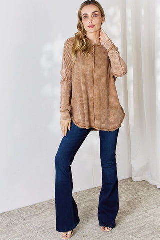 Zenana Oversized Washed Waffle Long Sleeve Top Trendsi