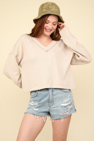 VERY J Exposed Seam V-Neck Ribbed Knit Top Trendsi