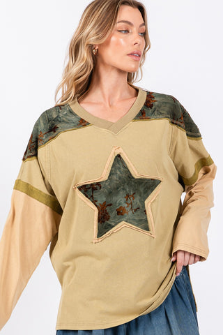 SAGE + FIG Star Patch Long Sleeve Color Block T-Shirt Trendsi