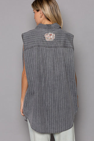 POL Button Down Sleeveless Striped Denim Shirt Trendsi