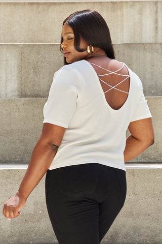 And The Why Pearly White Full Size Criss Cross Pearl Detail Open Back T-Shirt Trendsi