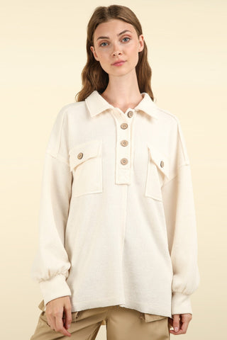 VERY J Collared Half Button Knit Top with Pockets Trendsi