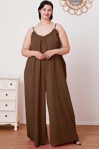 Double Take Full Size Ruffle Trim Tie Back Cami Jumpsuit with Pockets Trendsi