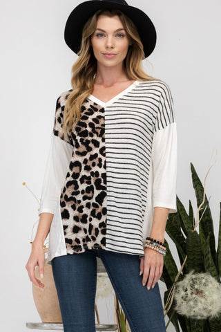 Celeste Full Size Front Leopard and Striped Print V-Neck T-Shirt Trendsi