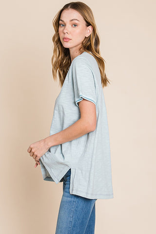 Cotton Bleu by Nu Lab Contrast Trim Short Sleeve Slit T-Shirt Trendsi