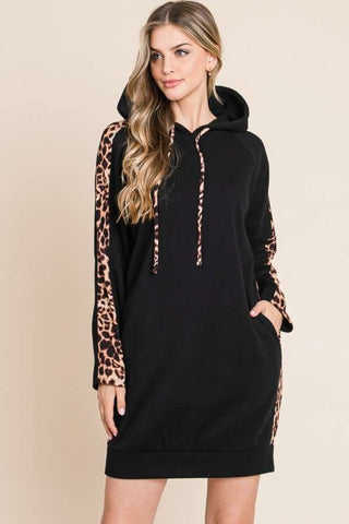 Culture Code Drawstring Leopard Long Sleeve Hooded Dress Trendsi