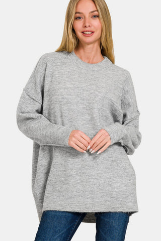 Zenana High-Low Hem Drop Shoulder Sweater Trendsi