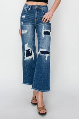 Risen Full Size High Rise Patch Detailed Wide Leg Crop Jeans Trendsi