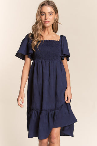 J.NNA Smocked Bow Back Ruffle Hem Dress Trendsi