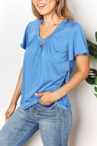 Double Take Ruched V-Neck Short Sleeve T-Shirt Trendsi