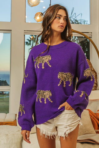 BiBi Tiger Pattern Long Sleeve Sweater Trendsi