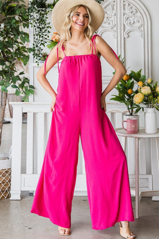 Veveret Pocketed Spaghetti Strap Wide Leg Jumpsuit Trendsi