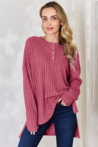 Basic Bae Full Size Ribbed Half Button Long Sleeve High-Low T-Shirt Trendsi