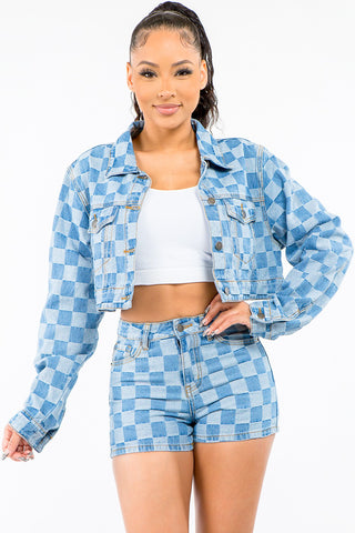 American Bazi Checkered Long Sleeve Cropped Denim Jacket Trendsi