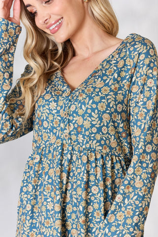 Heimish Full Size Floral Half Button Long Sleeve Blouse Trendsi