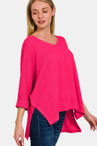 Zenana V-Neck High-Low Jacquard Knit Top Trendsi