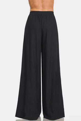 Zenana Pleated Linen Blend Wide Leg Pants Trendsi