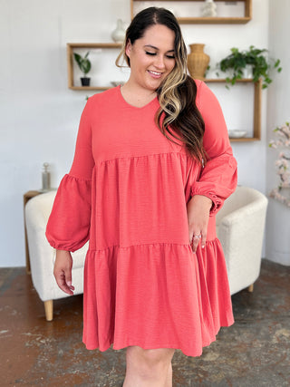 Double Take Full Size V-Neck Balloon Sleeve Tiered Dress with Pockets Trendsi