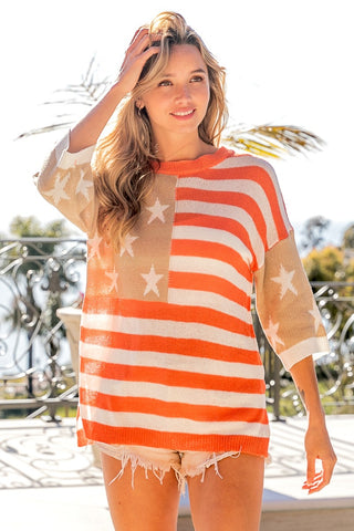 BiBi American Flag Round Neck Knit Top Trendsi