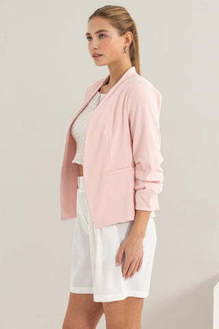 HYFVE Open Front Ruched Sleeve Blazer Trendsi